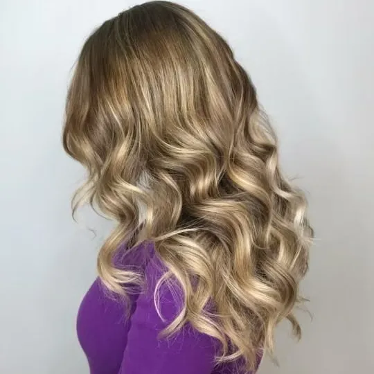 blonde balayage curled long hair